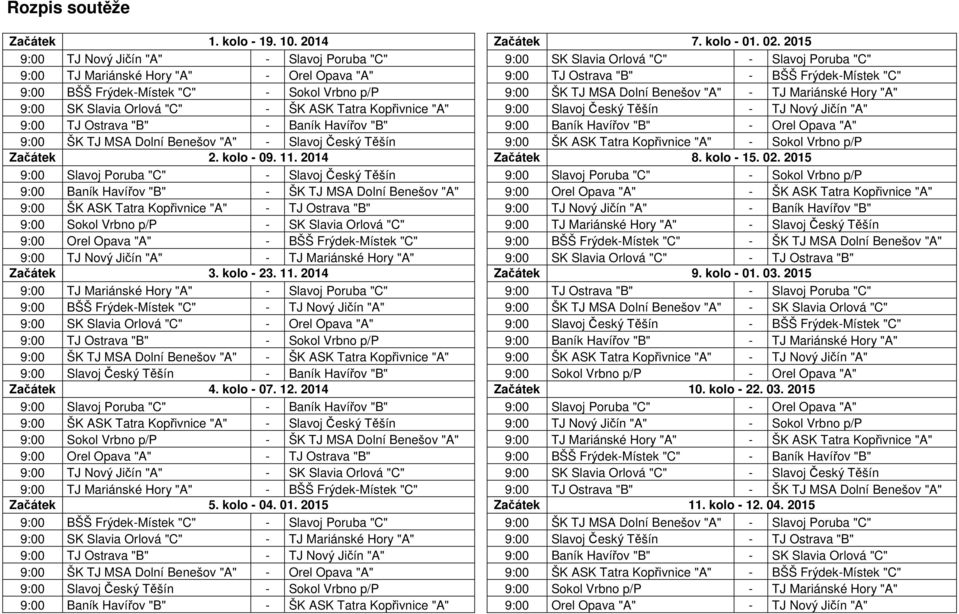 Frýdek-Místek "C" - Sokol Vrbno p/p 9:00 ŠK TJ MSA Dolní Benešov "A" - TJ Mariánské Hory "A" 9:00 SK Slavia Orlová "C" - ŠK ASK Tatra Kopřivnice "A" 9:00 Slavoj Český Těšín - TJ Nový Jičín "A" 9:00
