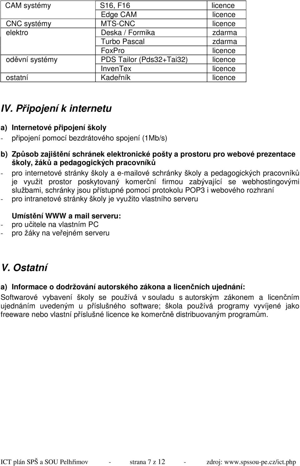 pedagogických pracovníků - pro internetové stránky školy a e-mailové schránky školy a pedagogických pracovníků je využit prostor poskytovaný komerční firmou zabývající se webhostingovými službami,