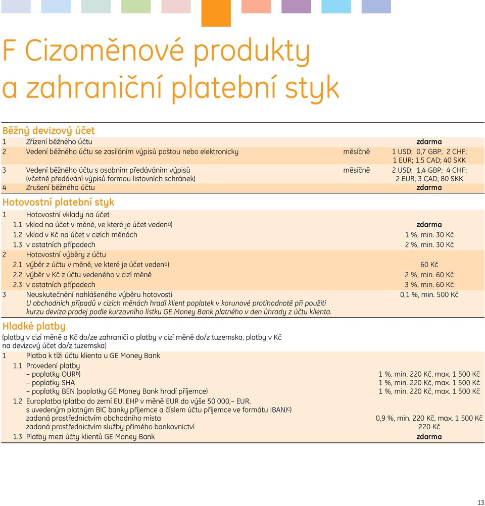 zdarma Hotovostní platební styk 1 Hotovostní vklady na účet 1.1 vklad na účet v měně, ve které je účet vedena) zdarma 1.2 vklad v Kč na účet v cizích měnách 1 %, min. 30 Kč 1.