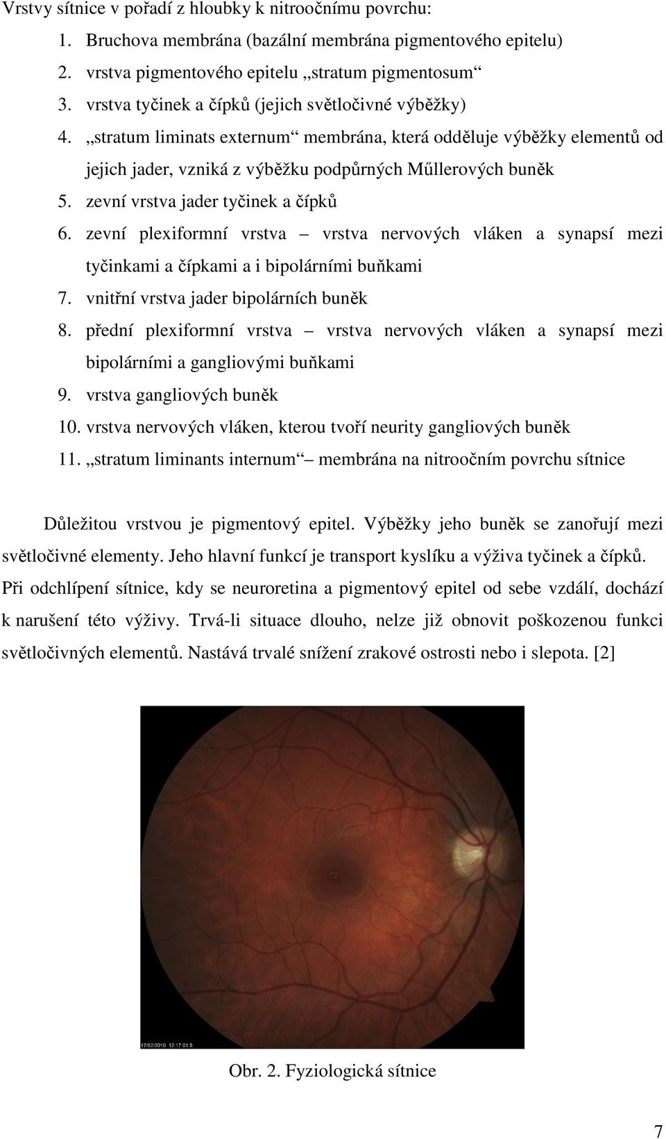 zevní vrstva jader tyčinek a čípků 6. zevní plexiformní vrstva vrstva nervových vláken a synapsí mezi tyčinkami a čípkami a i bipolárními buňkami 7. vnitřní vrstva jader bipolárních buněk 8.