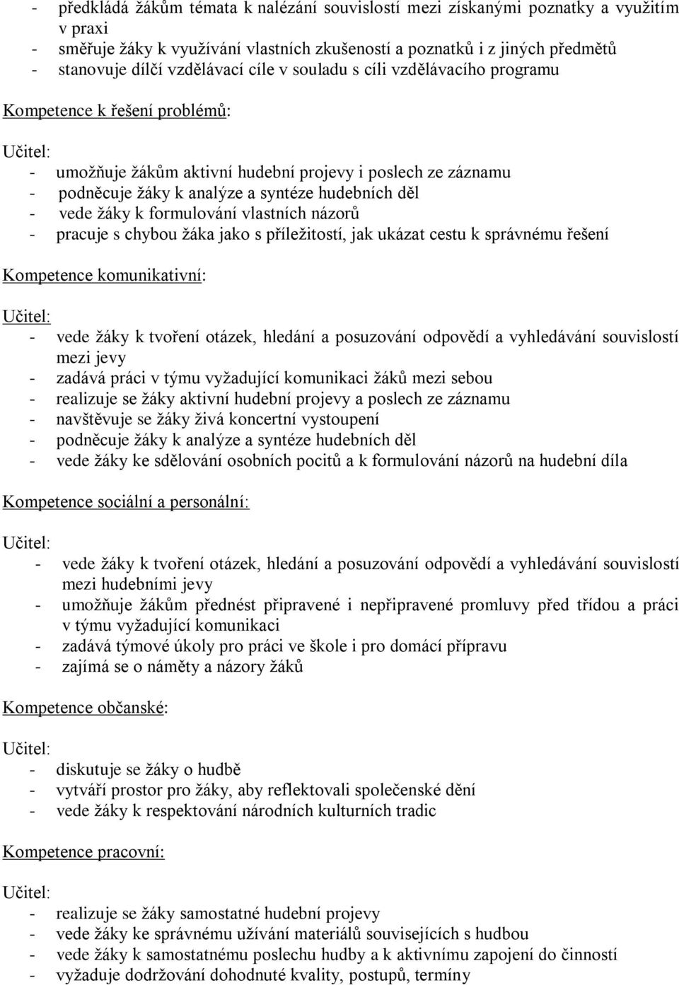 k formulování vlastních názorů - pracuje s chybou žáka jako s příležitostí, jak ukázat cestu k správnému řešení Kompetence komunikativní: - vede žáky k tvoření otázek, hledání a posuzování odpovědí a