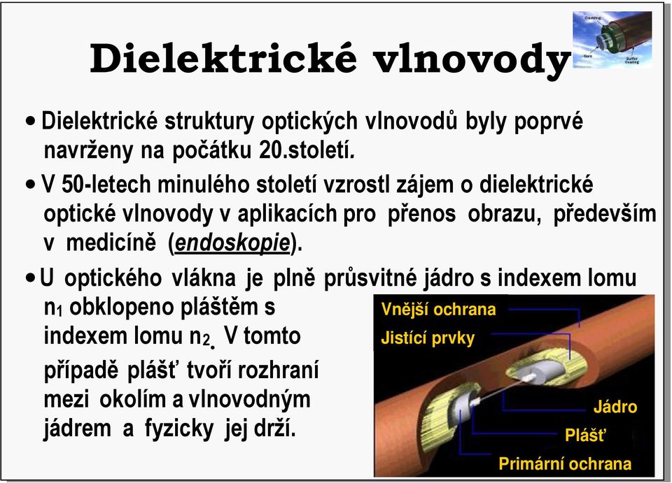 medicíně (endoskopie). U optického vlákna je plně průsvitné jádro s indexem lomu n1 obklopeno pláštěm s indexem lomu n2.