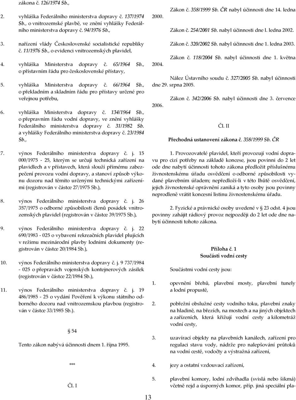 , o evidenci vnitrozemských plavidel, 4. vyhláška Ministerstva dopravy č. 65/1964 Sb., o přístavním řádu pro československé přístavy, 5. vyhláška Ministerstva dopravy č. 66/1964 Sb.