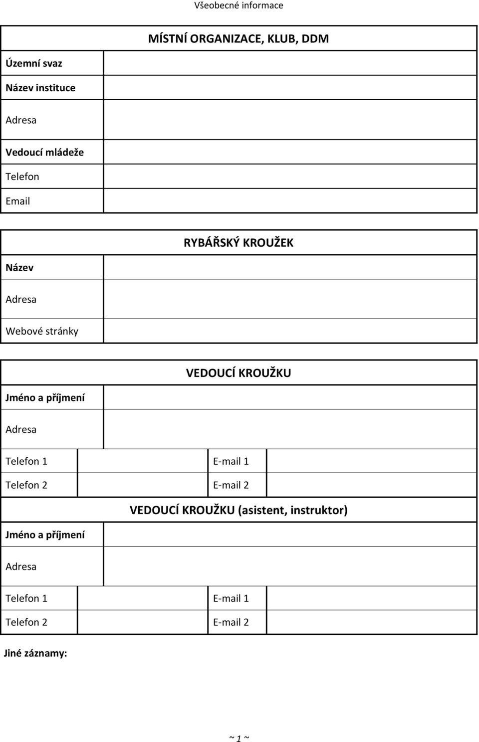 KROUŽKU Jméno a příjmení Telefon 1 E-mail 1 Telefon 2 E-mail 2 Jméno a příjmení
