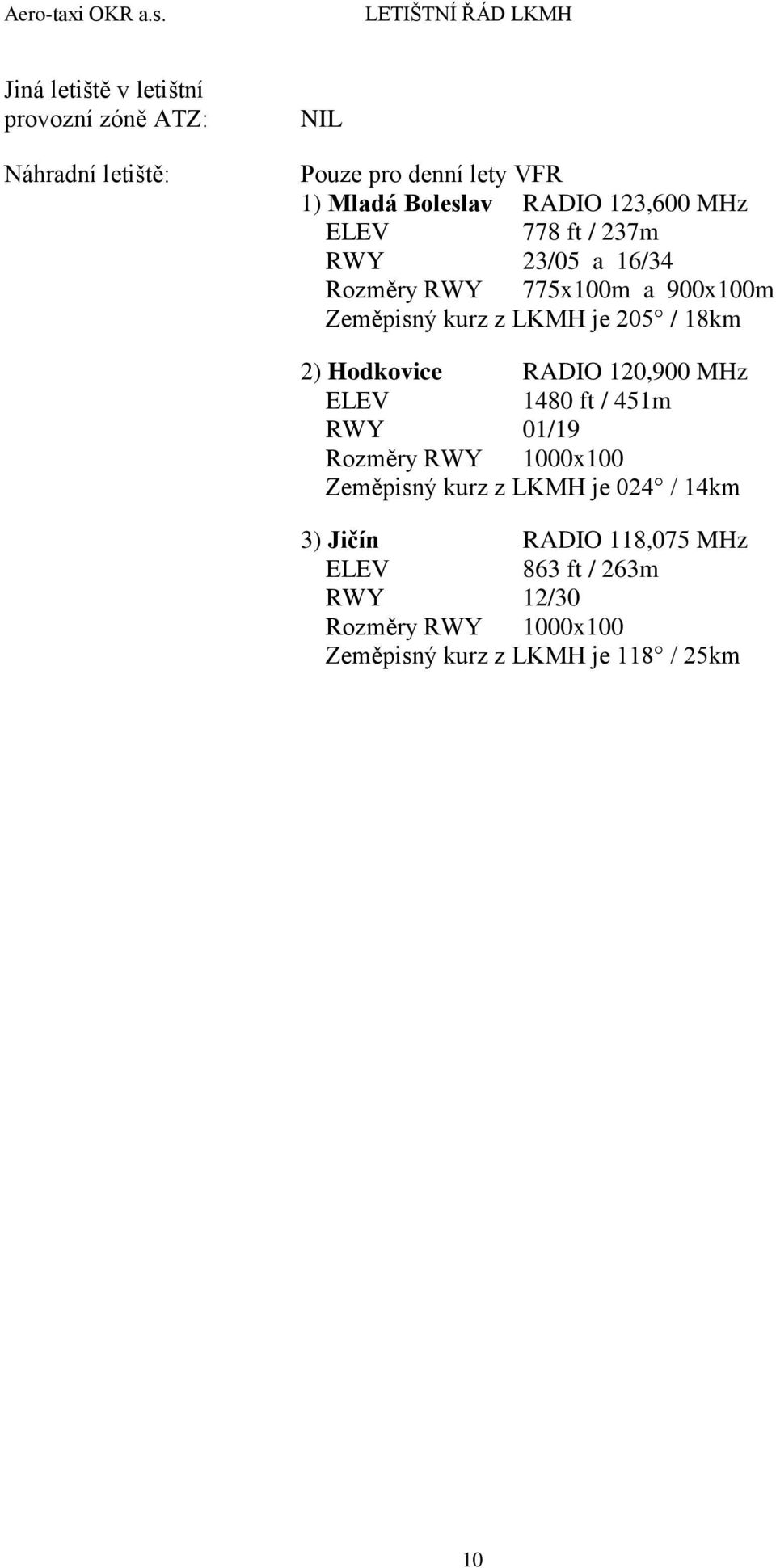 18km 2) Hodkovice RADIO 120,900 MHz ELEV 1480 ft / 451m RWY 01/19 Rozměry RWY 1000x100 Zeměpisný kurz z LKMH je 024