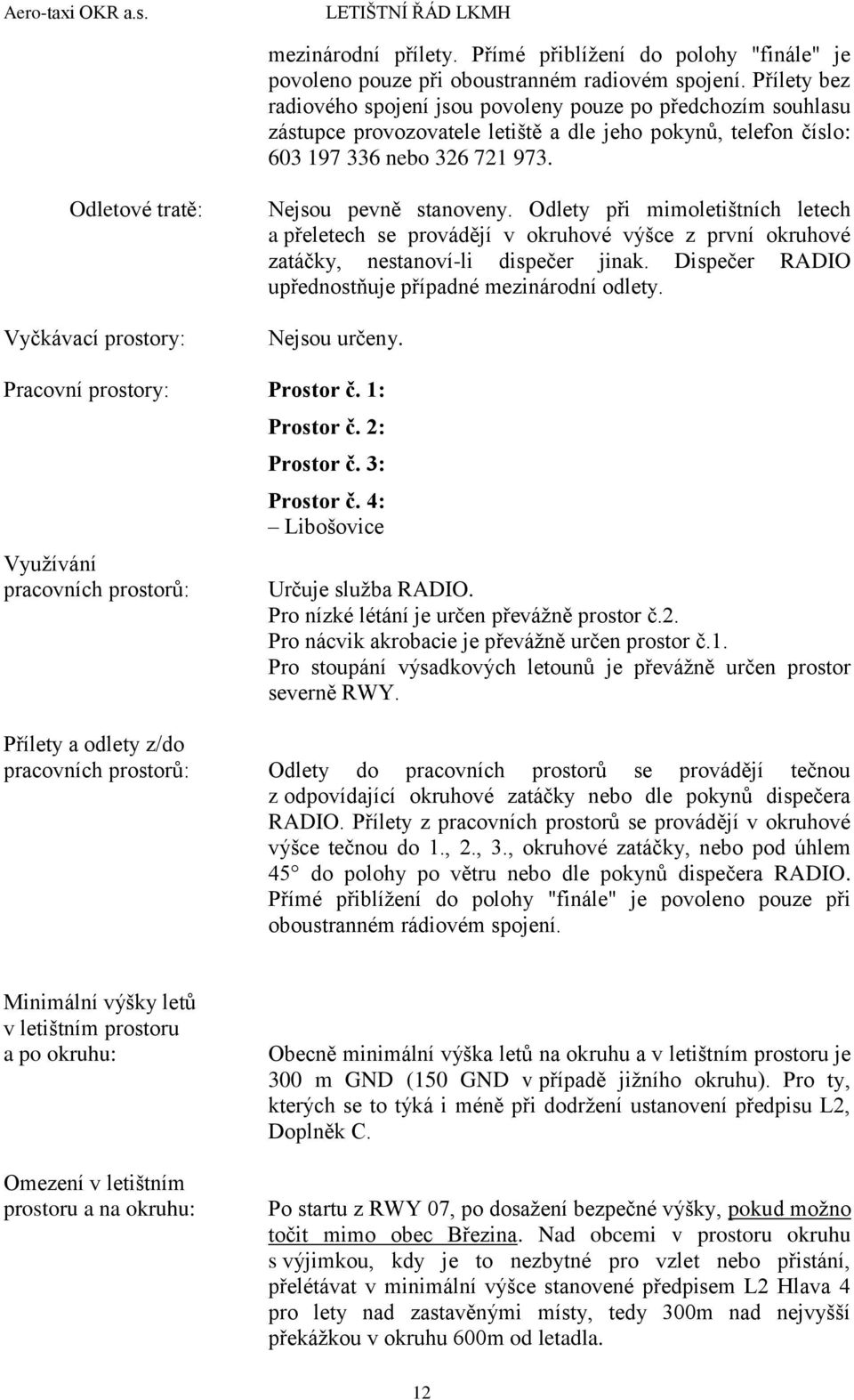Odletové tratě: Vyčkávací prostory: Nejsou pevně stanoveny. Odlety při mimoletištních letech a přeletech se provádějí v okruhové výšce z první okruhové zatáčky, nestanoví-li dispečer jinak.