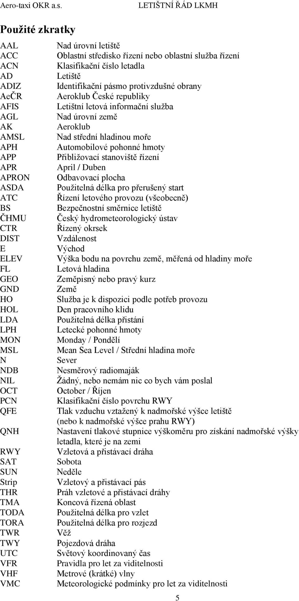 Duben APRON Odbavovací plocha ASDA Použitelná délka pro přerušený start ATC Řízení letového provozu (všeobecně) BS Bezpečnostní směrnice letiště ČHMU Český hydrometeorologický ústav CTR Řízený okrsek