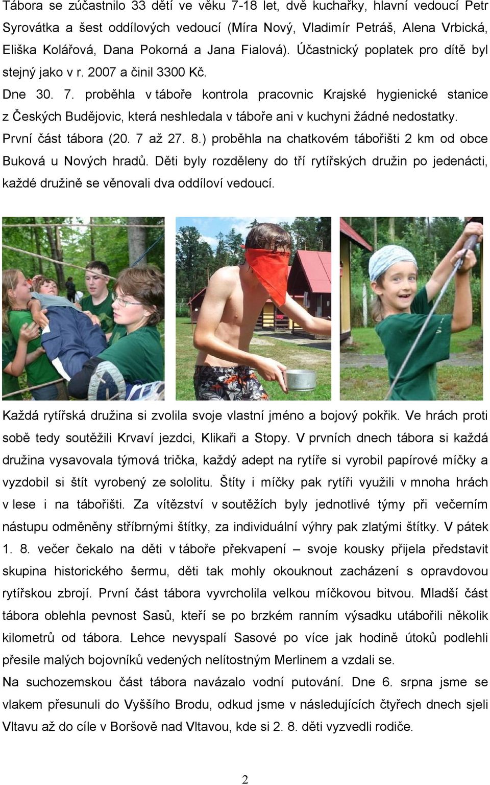 proběhla v táboře kontrola pracovnic Krajské hygienické stanice z Českých Budějovic, která neshledala v táboře ani v kuchyni žádné nedostatky. První část tábora (20. 7 až 27. 8.