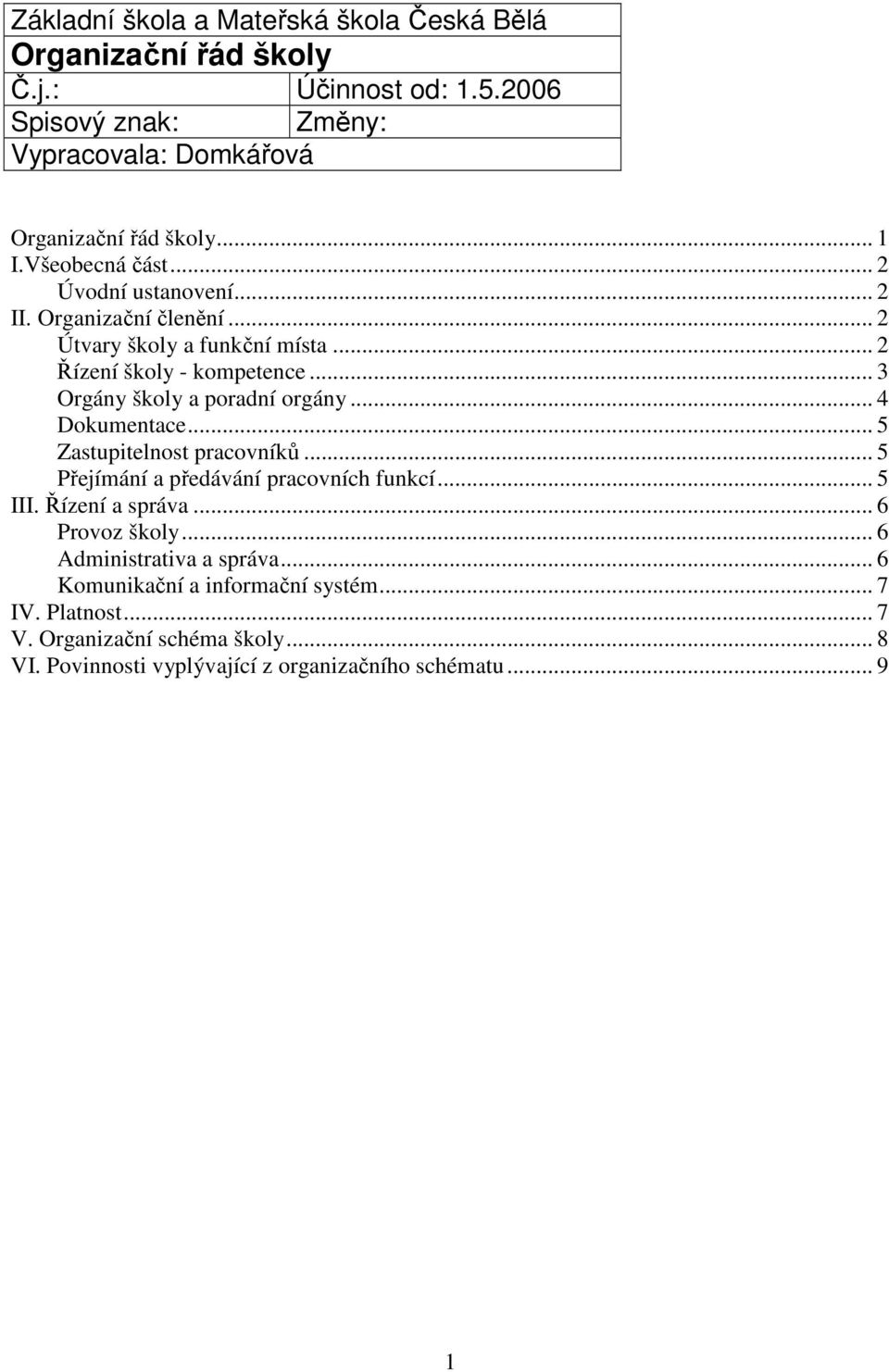 .. 3 Orgány školy a poradní orgány... 4 Dokumentace... 5 Zastupitelnost pracovníků... 5 Přejímání a předávání pracovních funkcí... 5 III. Řízení a správa.