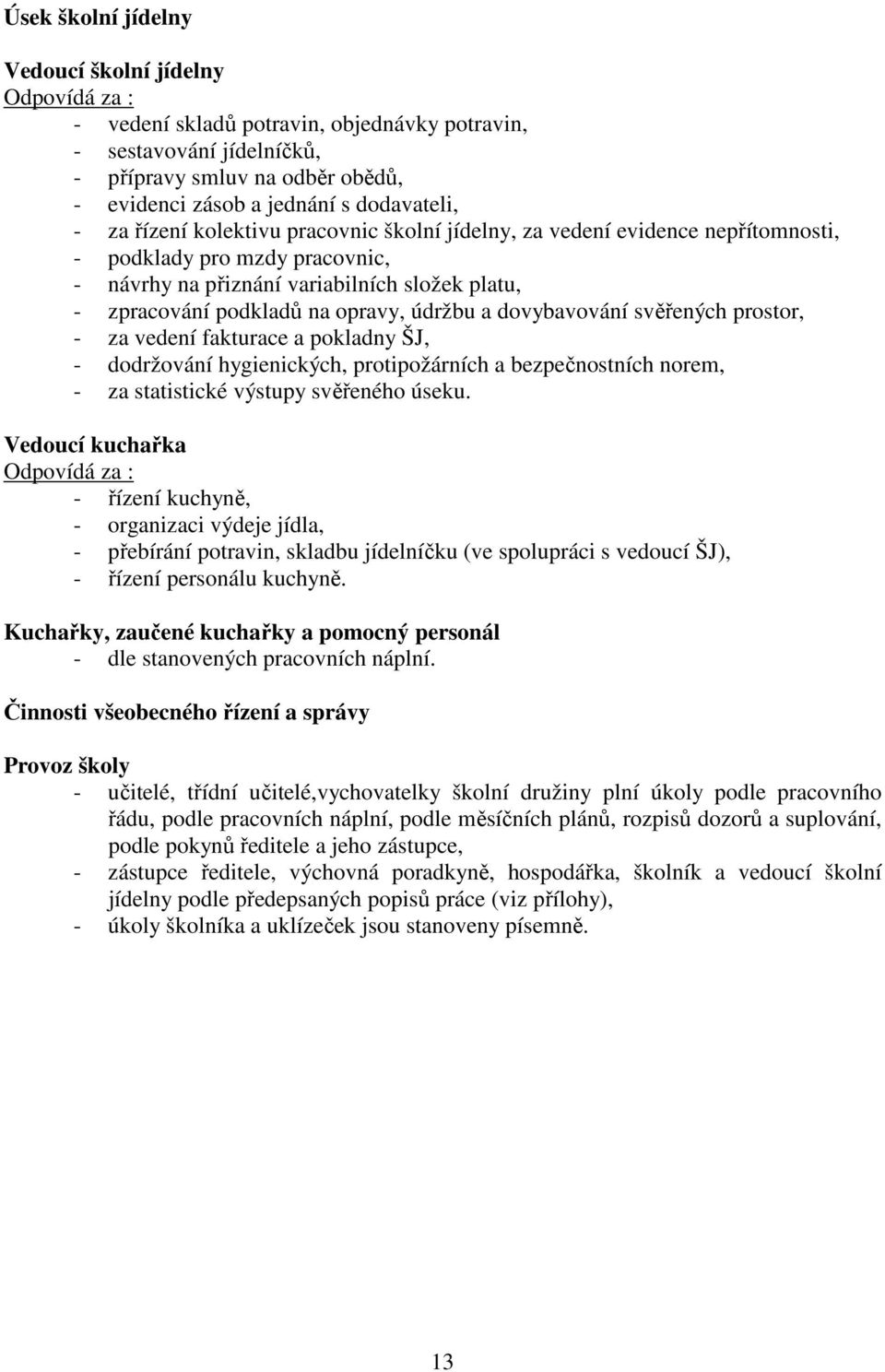 dovybavování svěřených prostor, - za vedení fakturace a pokladny ŠJ, - dodržování hygienických, protipožárních a bezpečnostních norem, - za statistické výstupy svěřeného úseku.