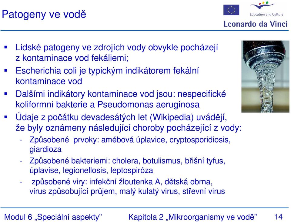 choroby pocházející z vody: - Způsobené prvoky: amébová úplavice, cryptosporidiosis, giardioza - Způsobené bakteriemi: cholera, botulismus, břišní tyfus, úplavise,