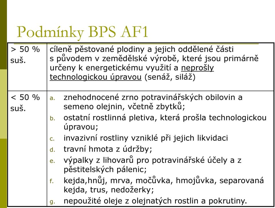 úpravou (senáž, siláž) < 50 % suš. a. znehodnocené zrno potravinářských obilovin a semeno olejnin, včetně zbytků; b.