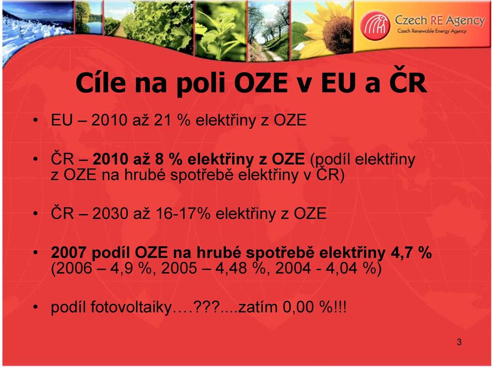 2030 až 16-17% elektřiny z OZE 2007 podíl OZE na hrubé spotřebě elektřiny 4,7