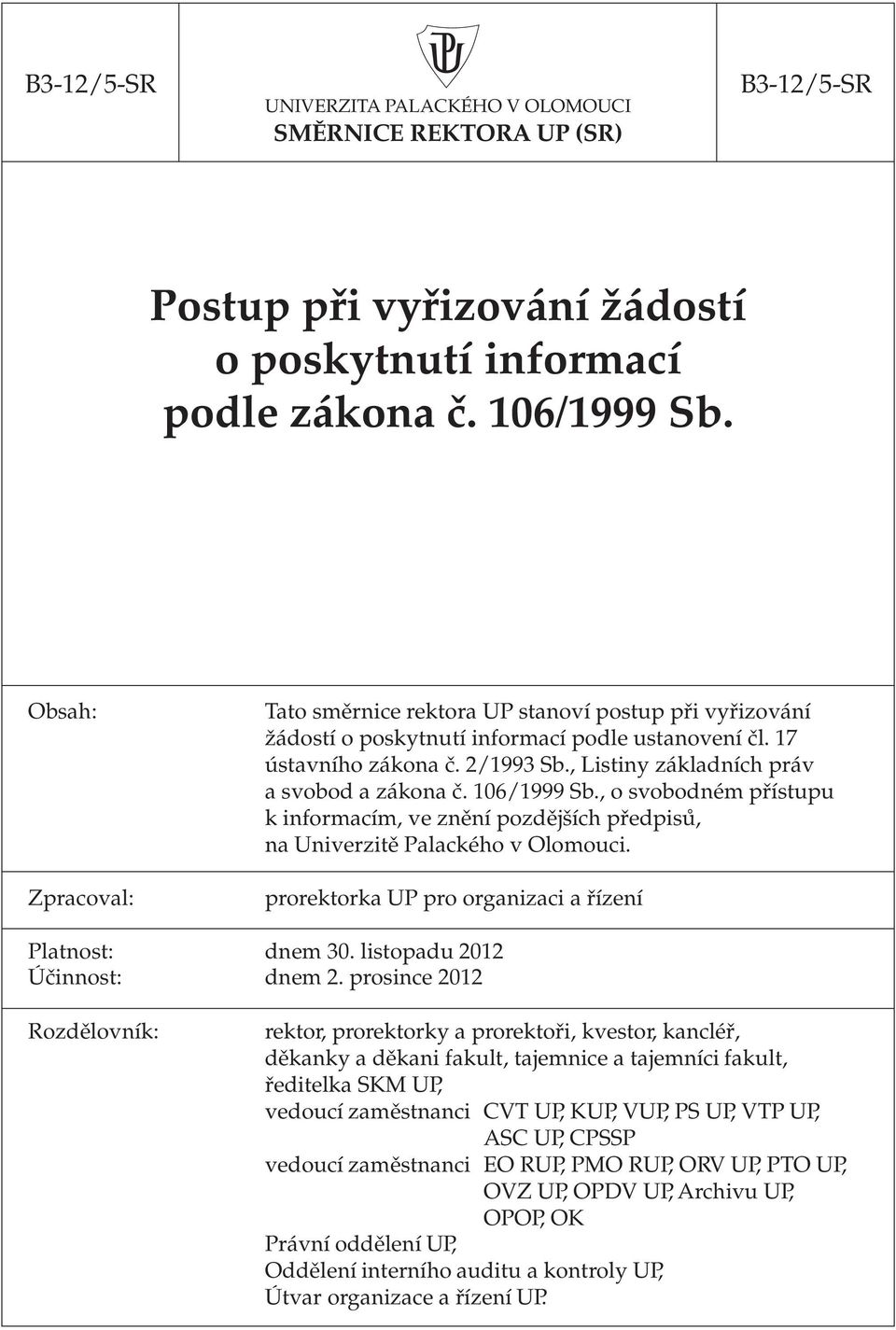 , Listiny základních práv a svobod a zákona č. 106/1999 Sb., o svobodném přístupu k informacím, ve znění pozdějších předpisů, na Univerzitě Palackého v Olomouci.