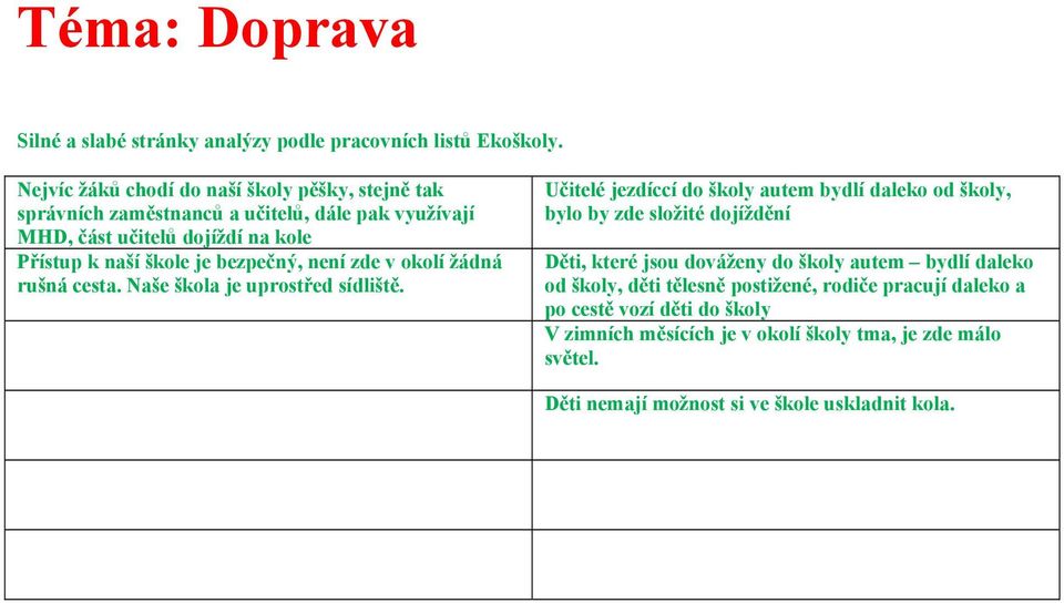 bezpečný, není zde v okolí žádná rušná cesta. Naše škola je uprostřed sídliště.