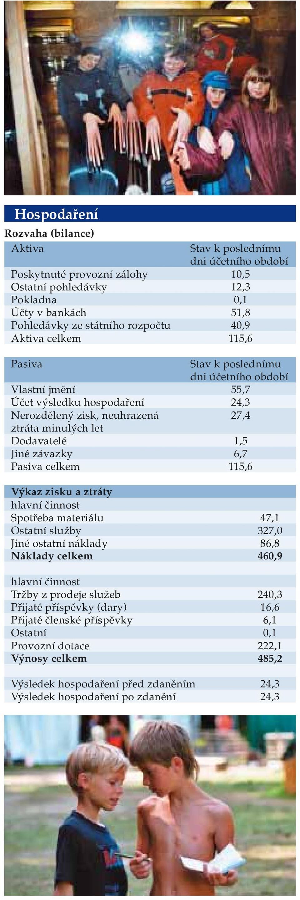 závazky 6,7 Pasiva celkem 115,6 Výkaz zisku a ztráty hlavní činnost Spotřeba materiálu 47,1 Ostatní služby 327,0 Jiné ostatní náklady 86,8 Náklady celkem 460,9 hlavní činnost Tržby z prodeje