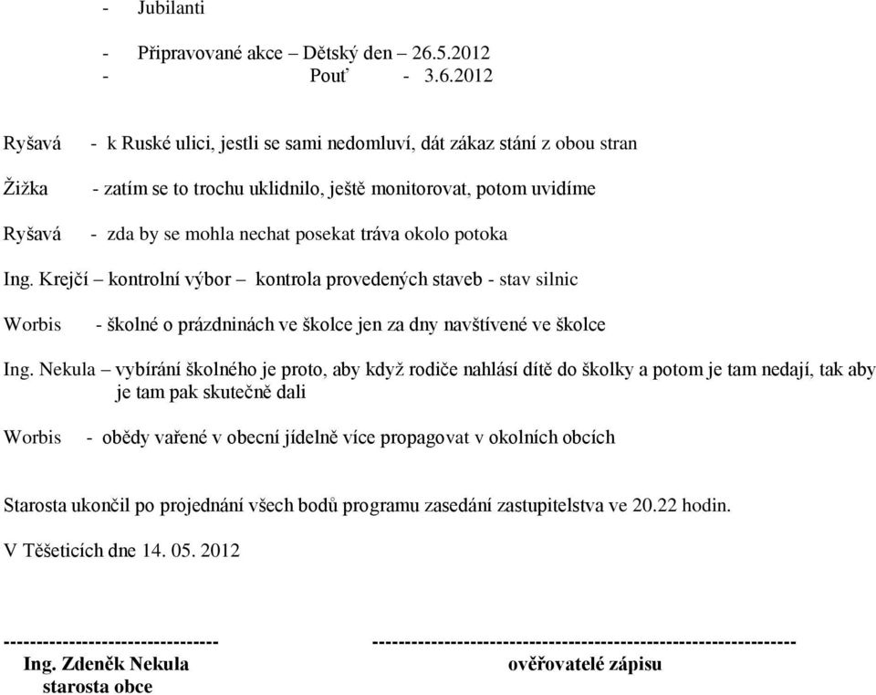 2012 Ryšavá Žižka Ryšavá - k Ruské ulici, jestli se sami nedomluví, dát zákaz stání z obou stran - zatím se to trochu uklidnilo, ještě monitorovat, potom uvidíme - zda by se mohla nechat posekat