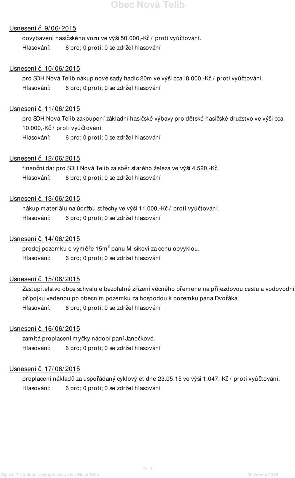 12/06/2015 finanční dar pro SDH Nová Telib za sběr starého železa ve výši 4.520,-Kč. Usnesení č. 13/06/2015 nákup materiálu na údržbu střechy ve výši 11.000,-Kč / proti vyúčtování. Usnesení č. 14/06/2015 prodej pozemku o výměře 15m 2 panu Misíkovi za cenu obvyklou.