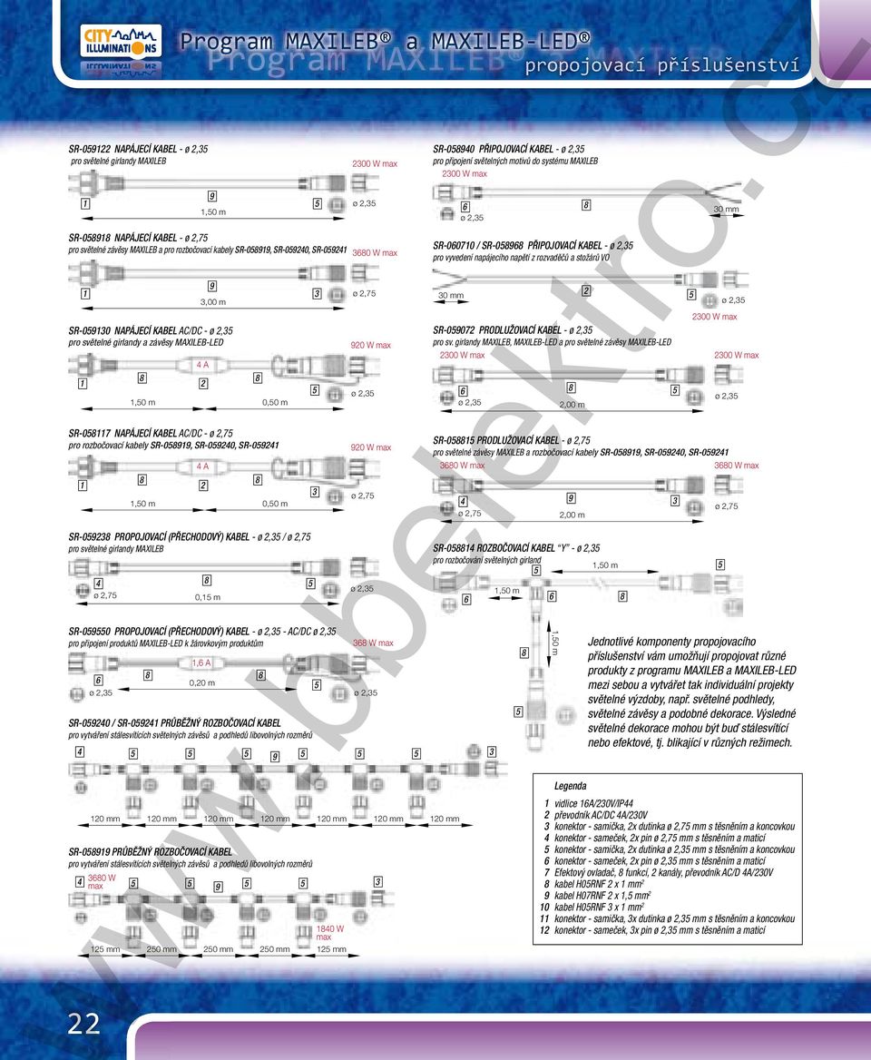 2300 W max ø 2,35 SR-058918 NAPÁJECÍ KABEL - ø 2,75 pro světelné závěsy MAXILEB a pro rozbočovací kabely SR-058919, SR-059240, SR-059241 3680 W max 1 9 3 3,00 m SR-059130 NAPÁJECÍ KABEL AC/DC - ø