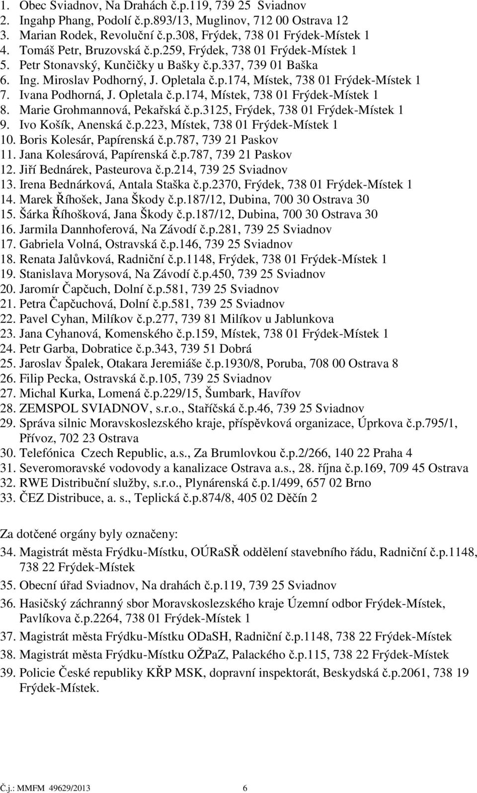 Ivana Podhorná, J. Opletala č.p.174, Místek, 738 01 Frýdek-Místek 1 8. Marie Grohmannová, Pekařská č.p.3125, Frýdek, 738 01 Frýdek-Místek 1 9. Ivo Košík, Anenská č.p.223, Místek, 738 01 Frýdek-Místek 1 10.