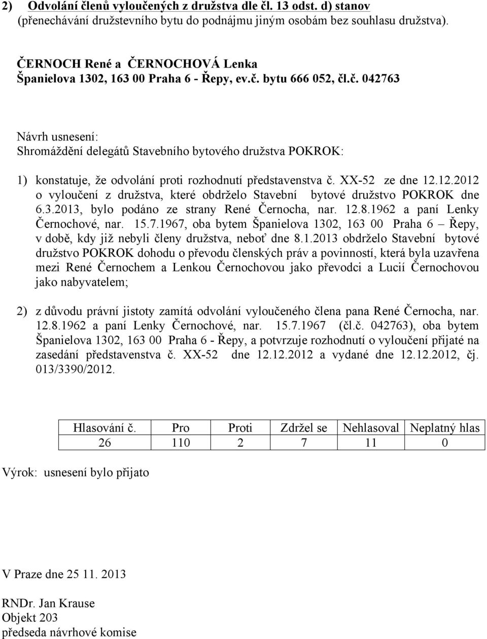 bytu 666 052, čl.č. 042763 Shromáždění delegátů Stavebního bytového družstva POKROK: 1) konstatuje, že odvolání proti rozhodnutí představenstva č. XX-52 ze dne 12.