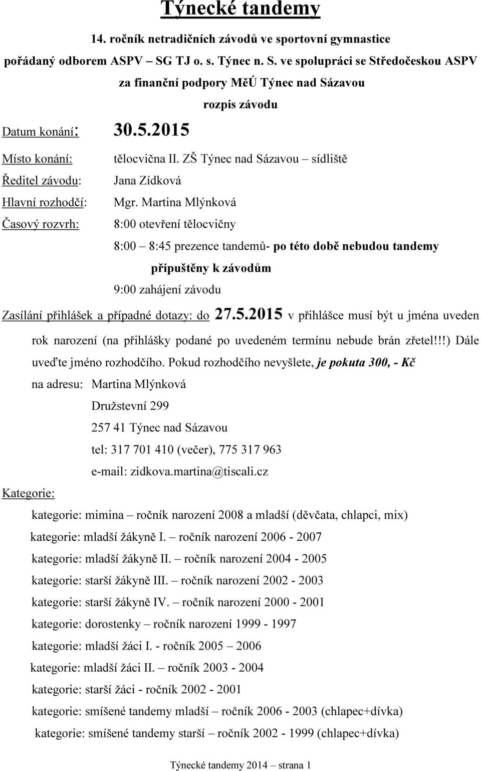 2015 Místo konání: Ředitel závodu: Hlavní rozhodčí: Časový rozvrh: tělocvična II. ZŠ Týnec nad Sázavou sídliště Jana Zídková Mgr.