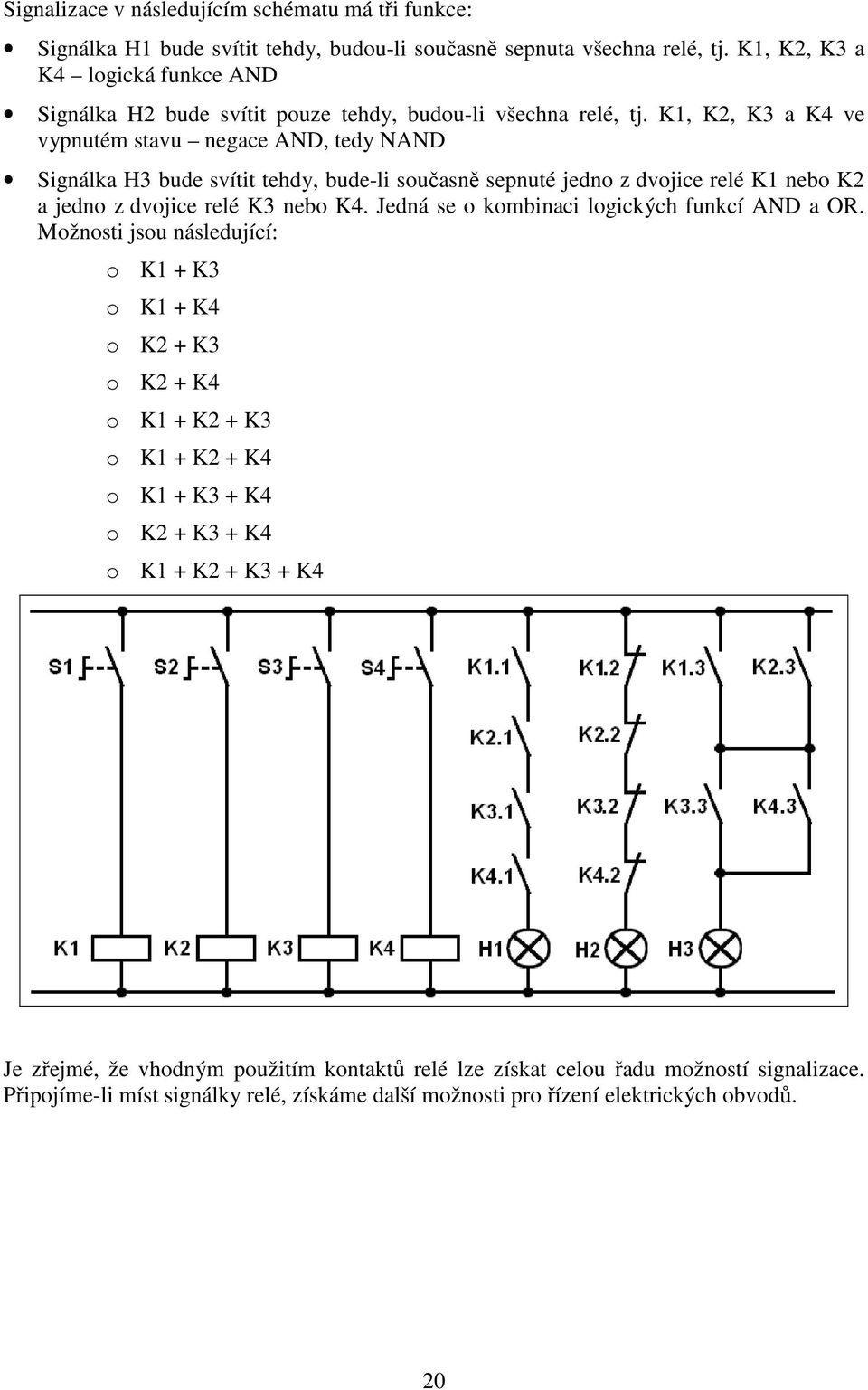 K1, K2, K3 a K4 ve vypnutém stavu negace AND, tedy NAND Signálka H3 bude svítit tehdy, bude-li současně sepnuté jedno z dvojice relé K1 nebo K2 a jedno z dvojice relé K3 nebo K4.