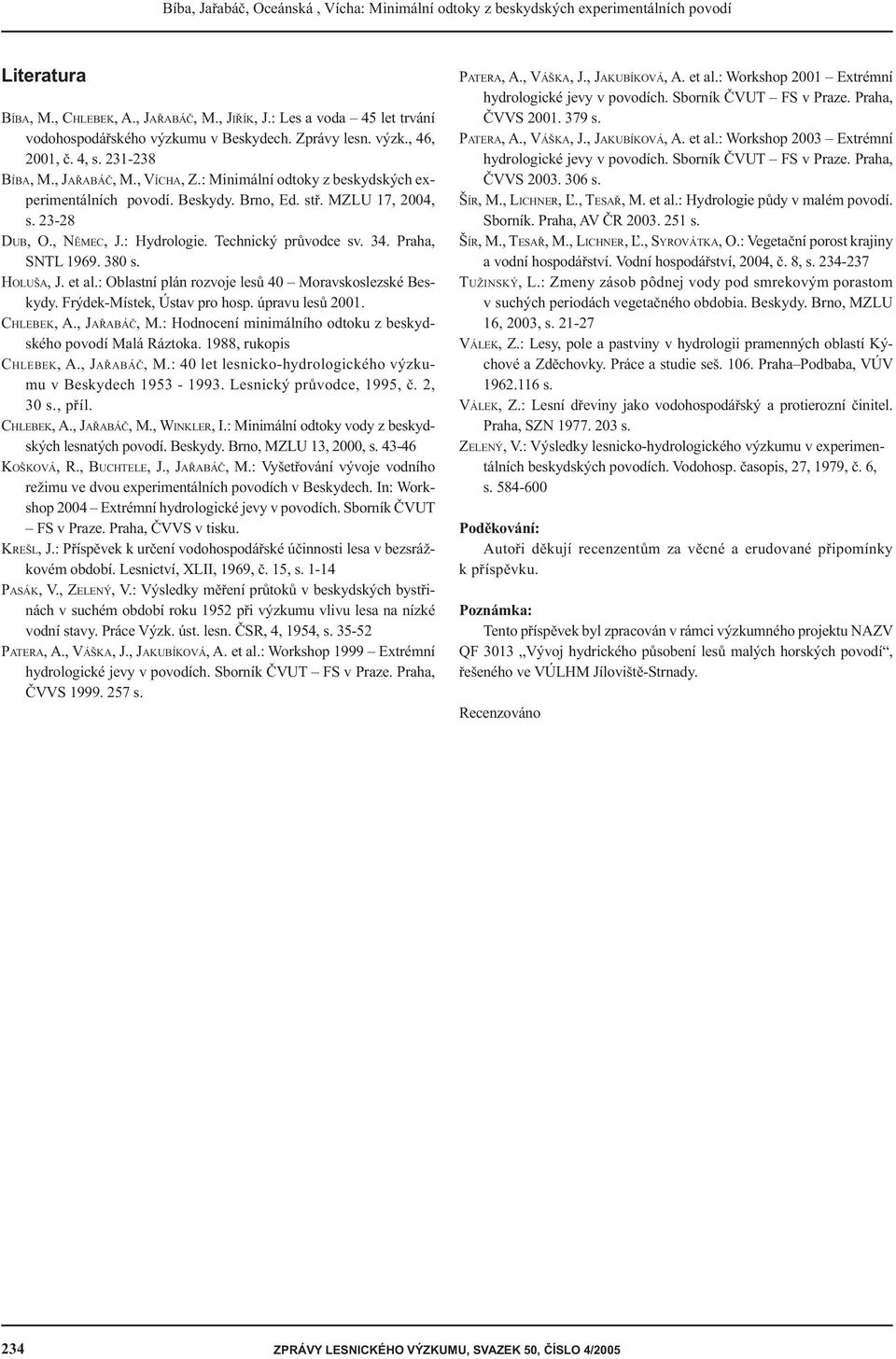 Brno, Ed. stř. MZLU 7,, s. - DUB, O., NĚMEC, J.: Hydrologie. Technický průvodce sv.. Praha, SNTL 99. s. HOLUŠA, J. et al.: Oblastní plán rozvoje lesů Moravskoslezské Beskydy.