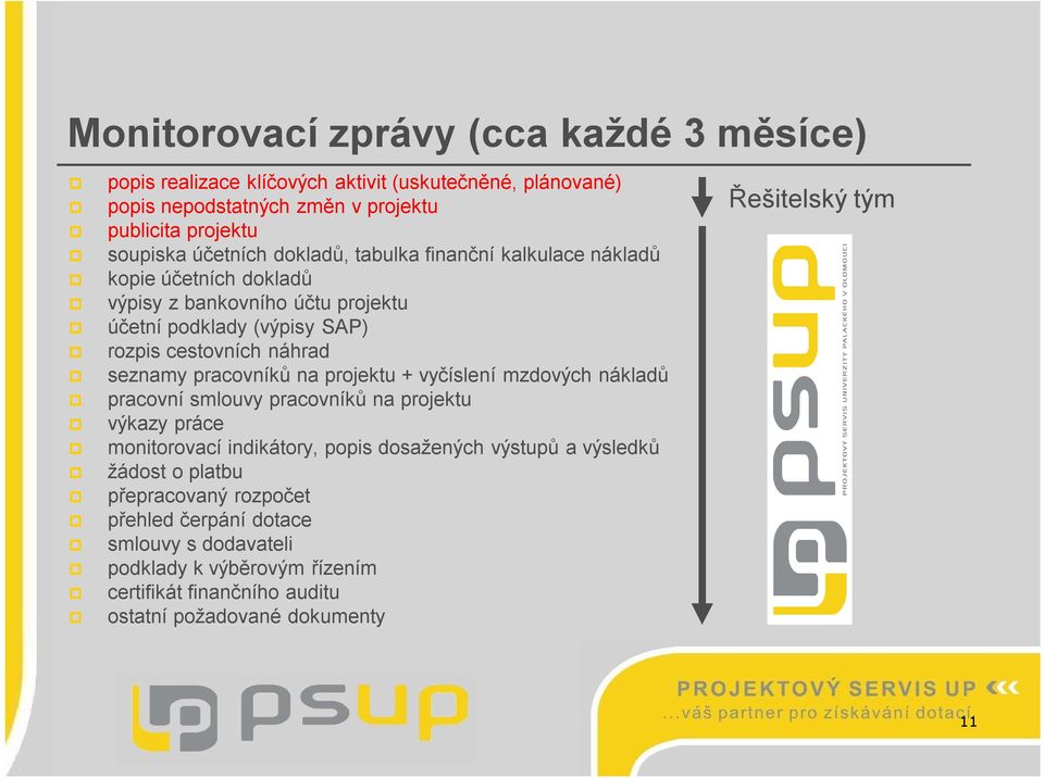 pracovníků na projektu + vyčíslení mzdových nákladů pracovní smlouvy pracovníků na projektu výkazy práce monitorovací indikátory, popis dosažených výstupů a výsledků