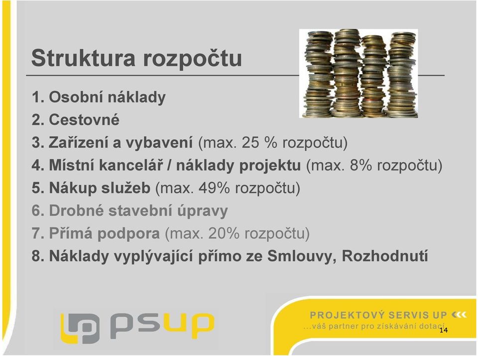 Místní kancelář / náklady projektu (max. 8% rozpočtu) 5. Nákup služeb (max.