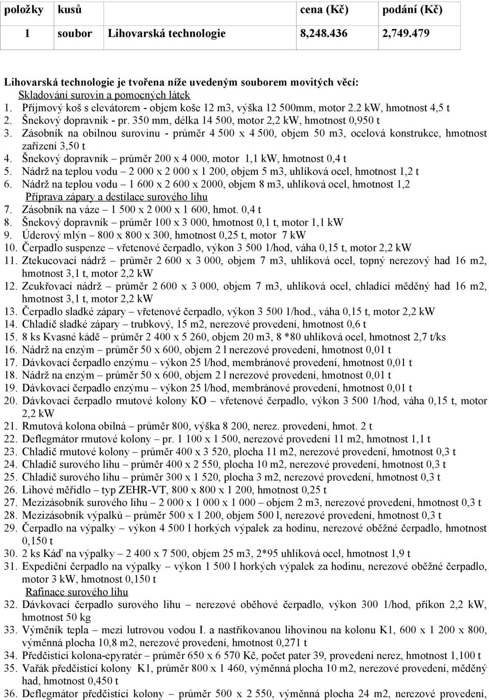 Zásobník na obilnou surovinu - průměr 4 500 x 4 500, objem 50 m3, ocelová konstrukce, hmotnost zařízení 3,50 t 4. Šnekový dopravník průměr 200 x 4 000, motor 1,1 kw, hmotnost 0,4 t 5.