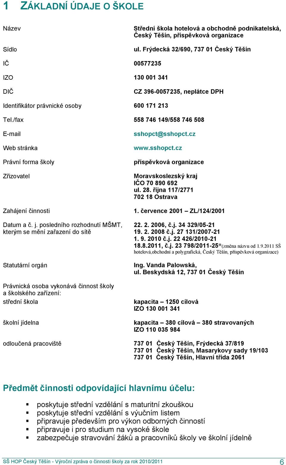 /fax 558 746 149/558 746 508 E-mail Web stránka Právní forma školy Zřizovatel Zahájení činnosti Datum a č. j.