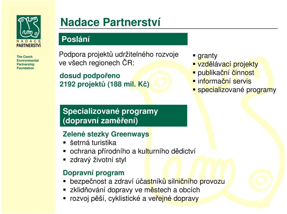 zaměření) Zelené stezky Greenways šetrná turistika ochrana přírodního a kulturního dědictví zdravý životní styl Dopravní program