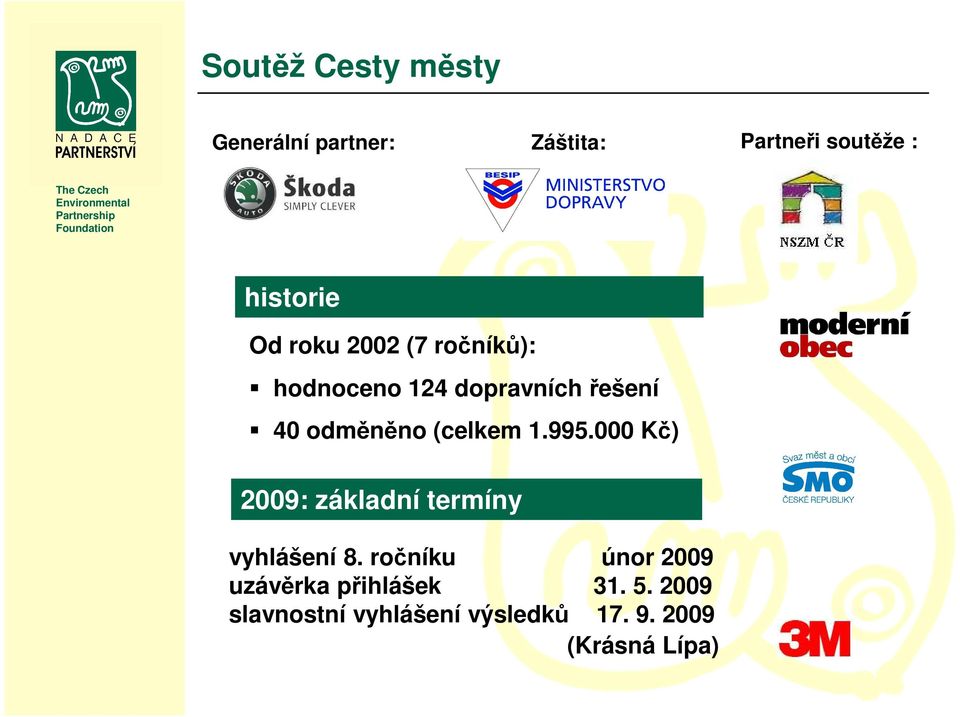 000 Kč) 2009: základní termíny vyhlášení 8.