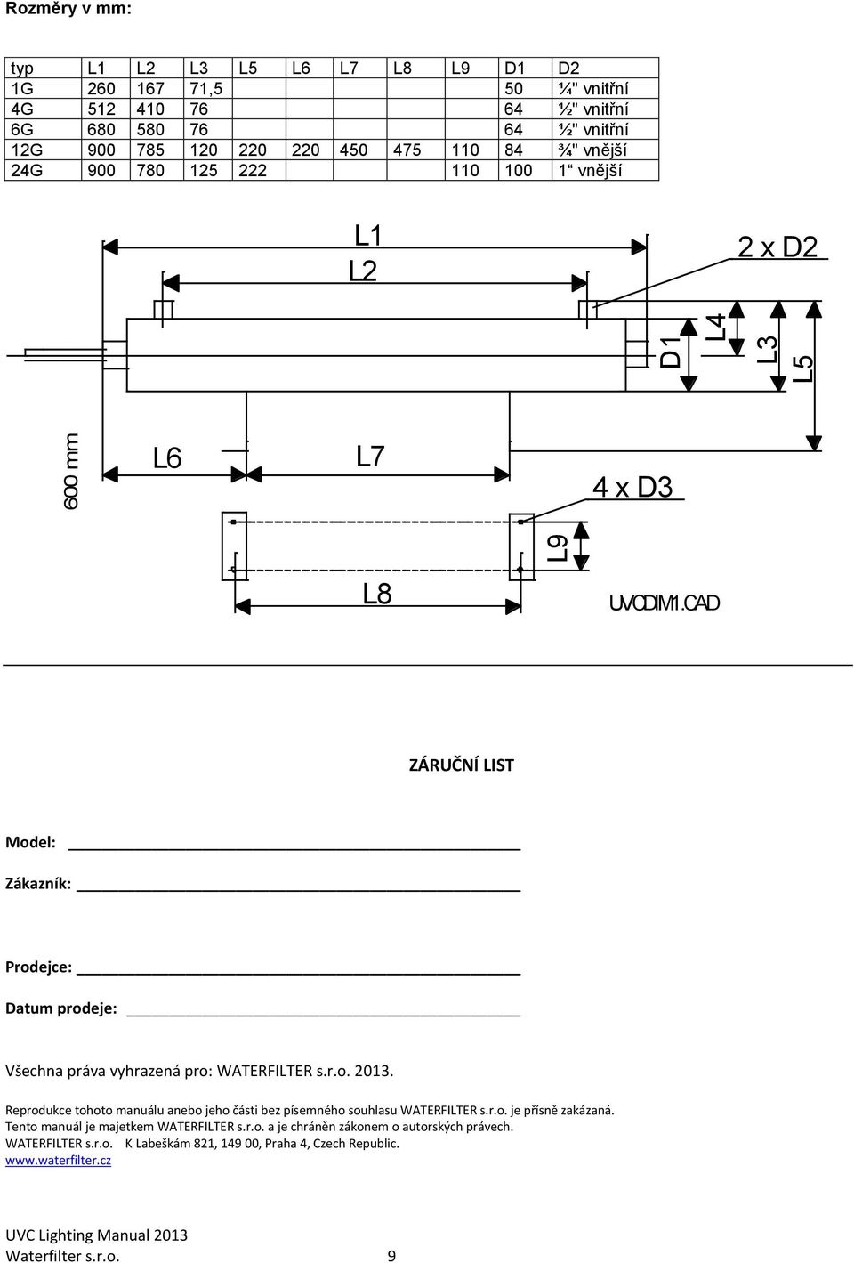 CAD ZÁRUČNÍ LIST Model: Zákazník: Prodejce: Datum prodeje: Všechna práva vyhrazená pro: WATERFILTER s.r.o. 2013.