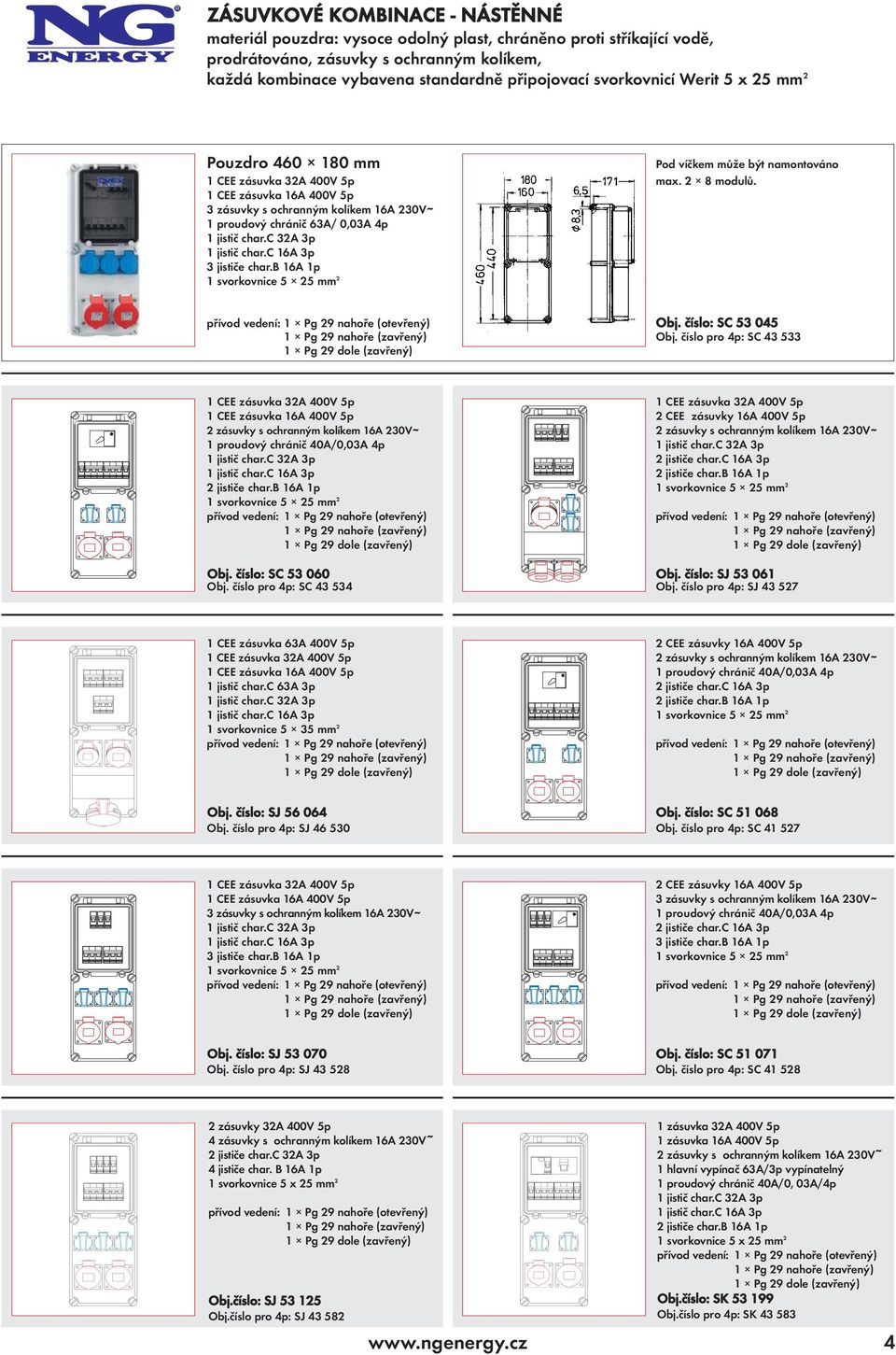 číslo pro 4p: SC 43 533 1 CEE zásuvka 32A 400V 5p 1 CEE zásuvka 32A 400V 5p 2 CEE zásuvky 16A 400V 5p 1 proudový chránič 40A/0,03A 4p 2 jističe char.c 16A 3p Obj. číslo: SC 53 060 Obj.
