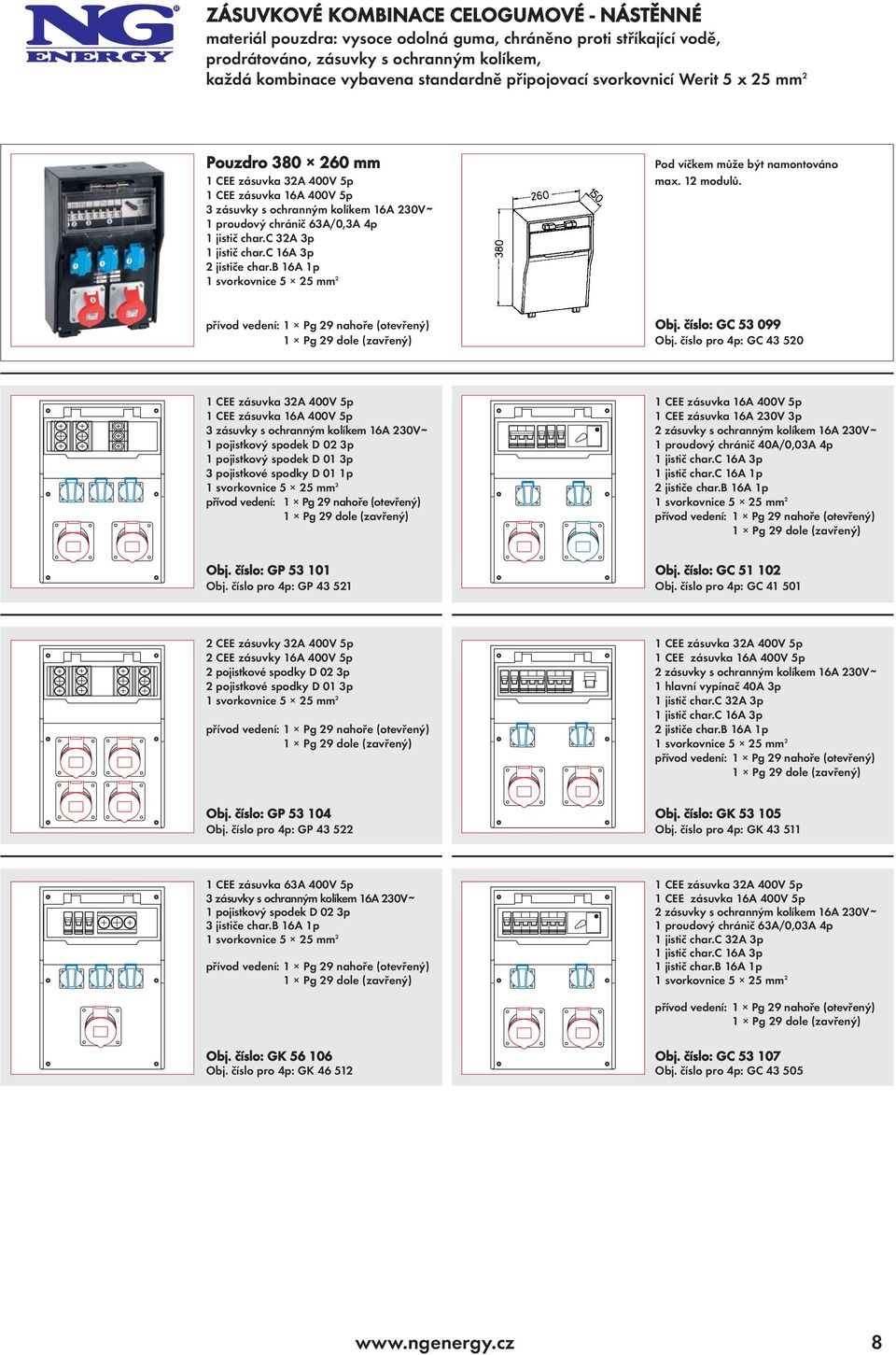 číslo pro 4p: GC 43 520 1 CEE zásuvka 32A 400V 5p 1 CEE zásuvka 16A 230V 3p 3 zásuvky s ochranným kolíkem 16A 230V ~ 1 pojistkový spodek D 02 3p 1 proudový chránič 40A/0,03A 4p 1 pojistkový spodek D