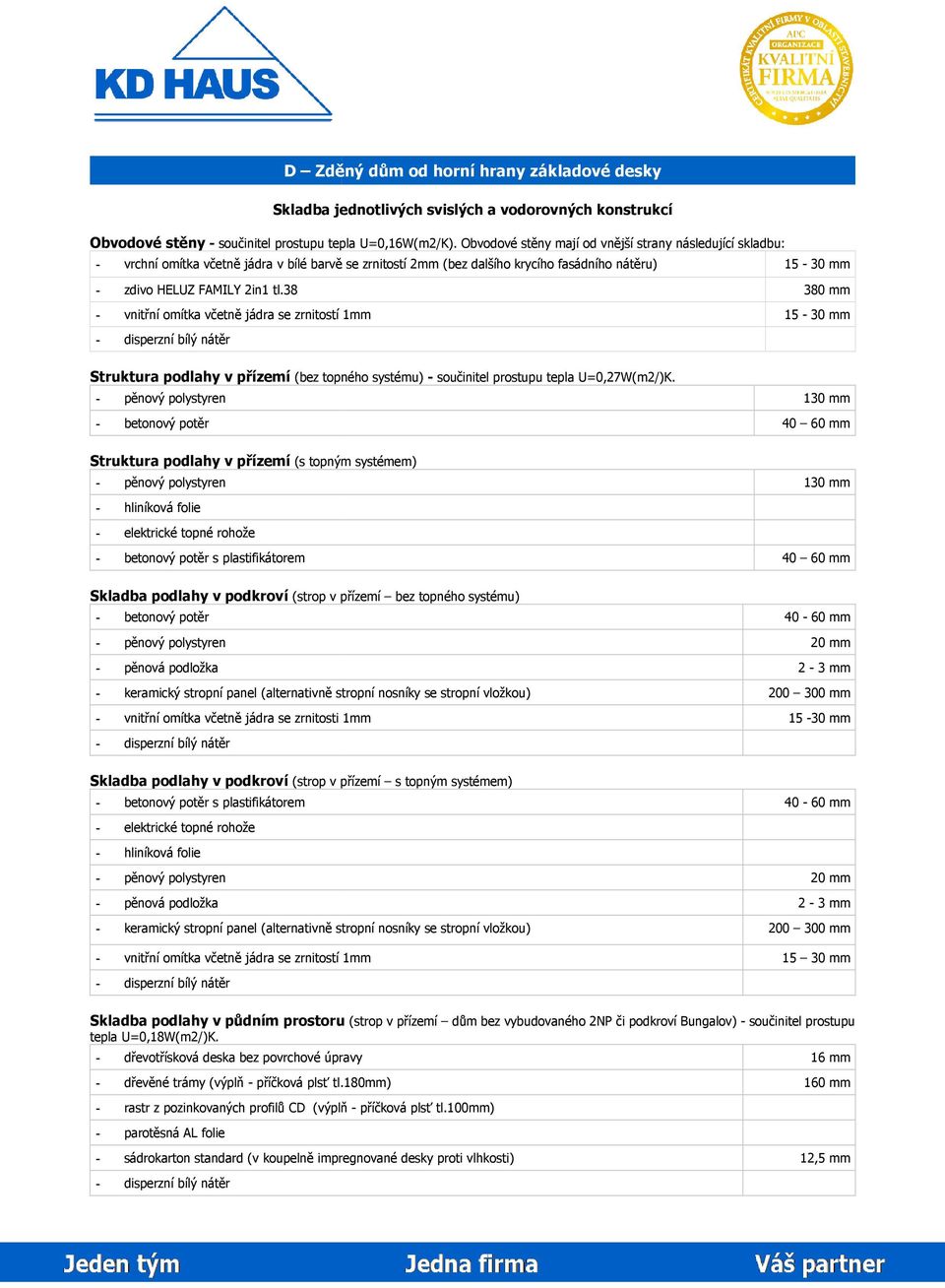 38 - vnitřní omítka včetně jádra se zrnitostí 1mm Struktura podlahy v přízemí (bez topného systému) - součinitel prostupu tepla U=0,27W(m2/)K.
