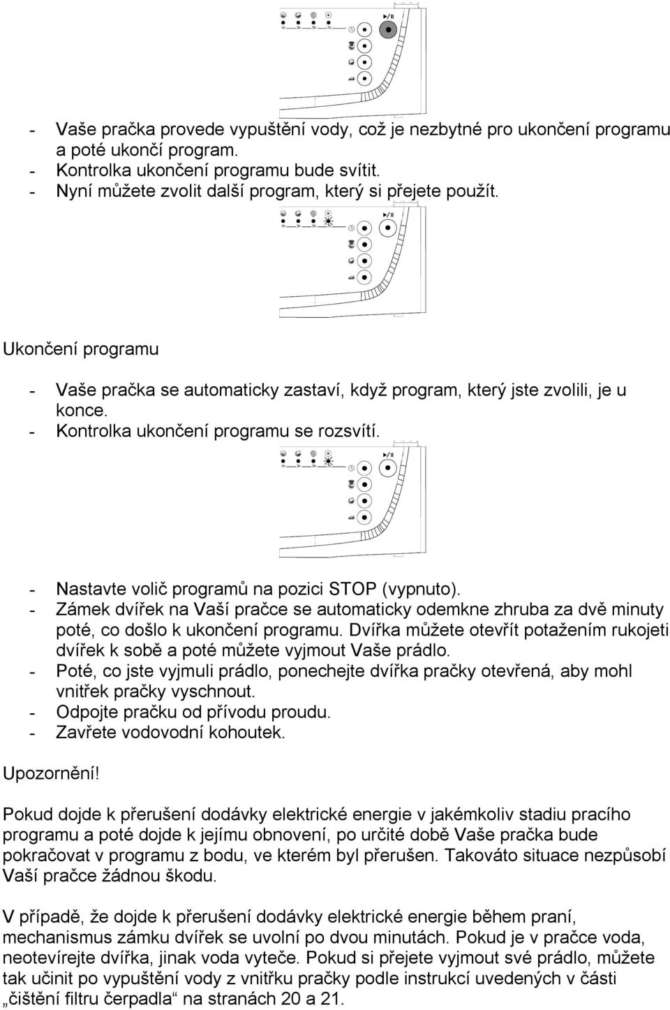- Kontrolka ukončení programu se rozsvítí. - Nastavte volič programů na pozici STOP (vypnuto).