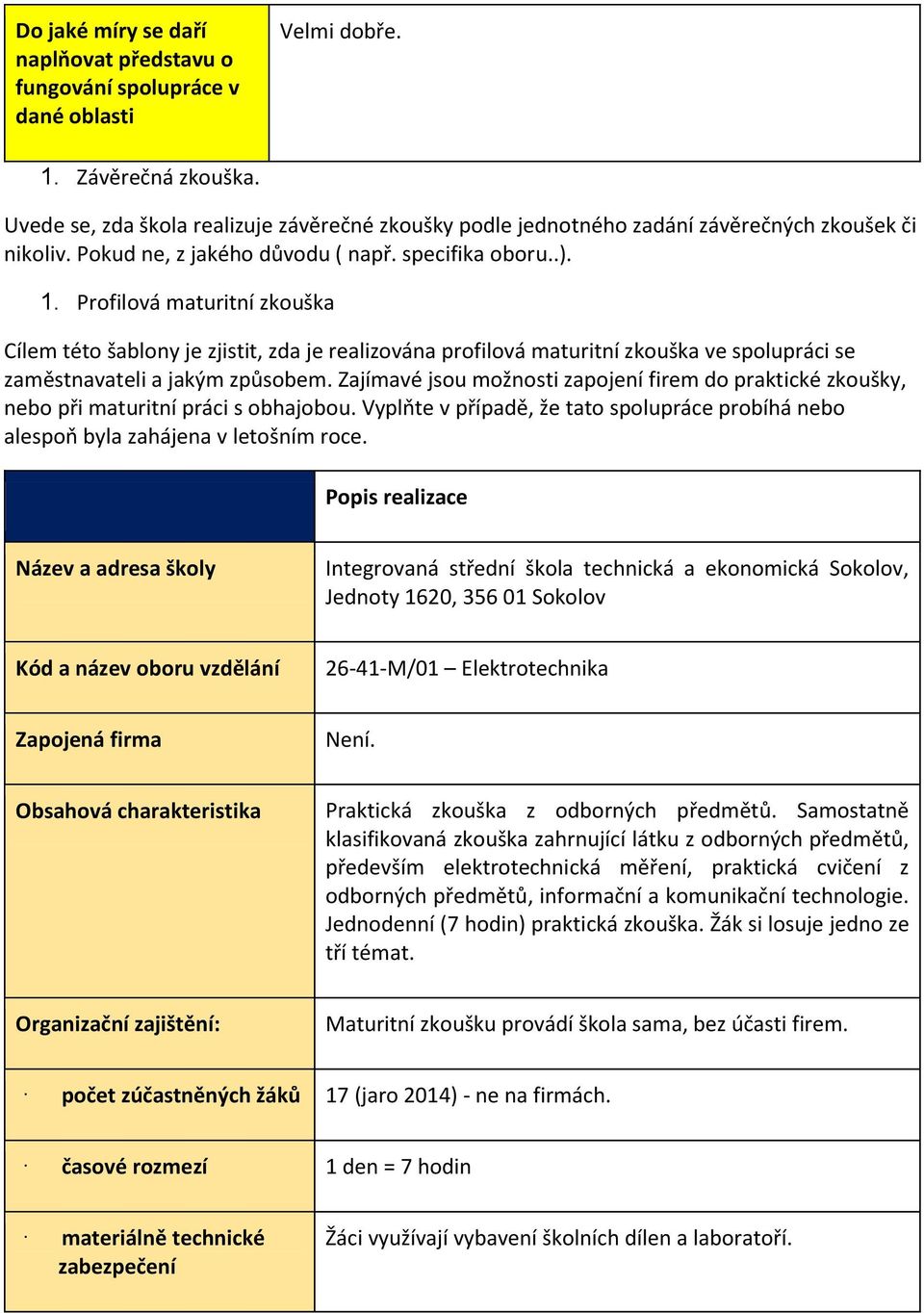 Profilová maturitní zkouška Cílem této šablony je zjistit, zda je realizována profilová maturitní zkouška ve spolupráci se zaměstnavateli a jakým způsobem.