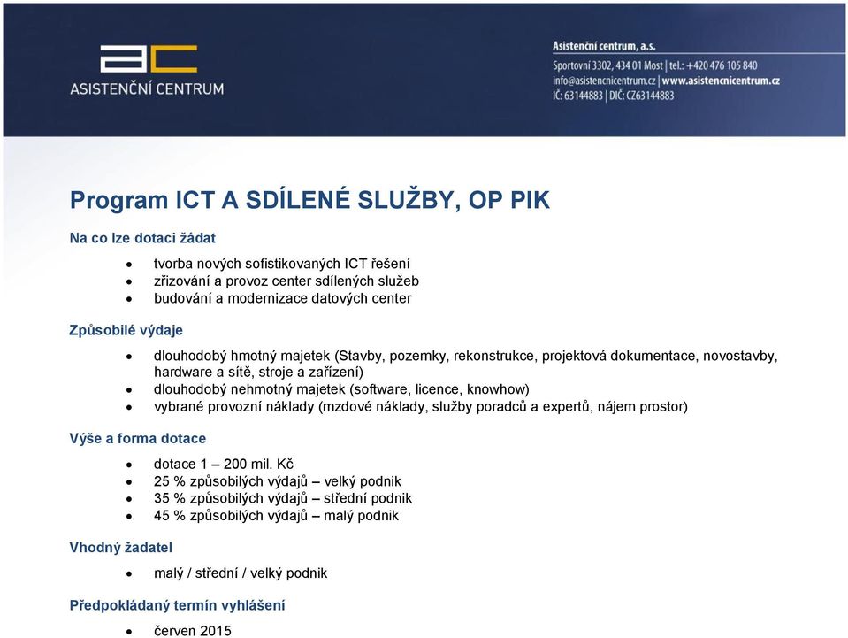 dlouhodobý nehmotný majetek (software, licence, knowhow) vybrané provozní náklady (mzdové náklady, služby poradců a expertů, nájem prostor) dotace 1