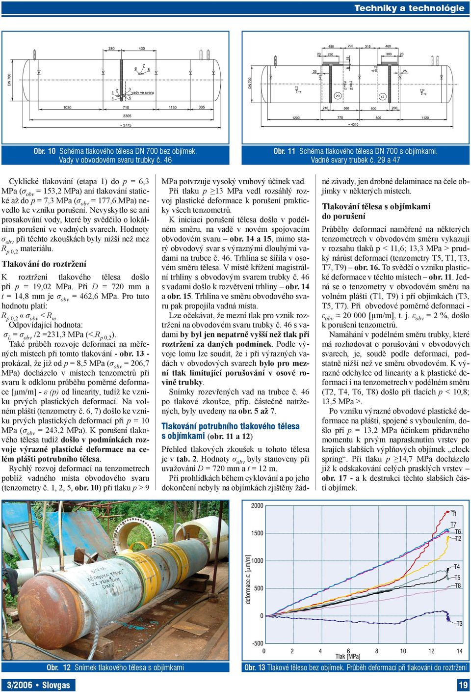 byly nižší než mez R p 02 materiálu Tlakování do roztržení K roztržení tlakového tělesa došlo při p 1902 MPa Při D 720 mm a t 148 mm je 4626 MPa Pro tuto hodnotu platí: R p 02 «Odpovídající hodnota:
