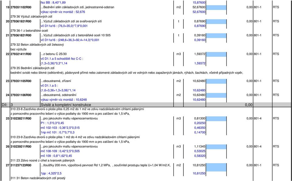 ..Výztuž základových zdí ze svařovaných sítí t 0,87690 801-1 RTS vč D11a16 : (76,0+35,0)*7,9*1 0,87690 279 36-1 z betonářské oceli 21 279361821R00.