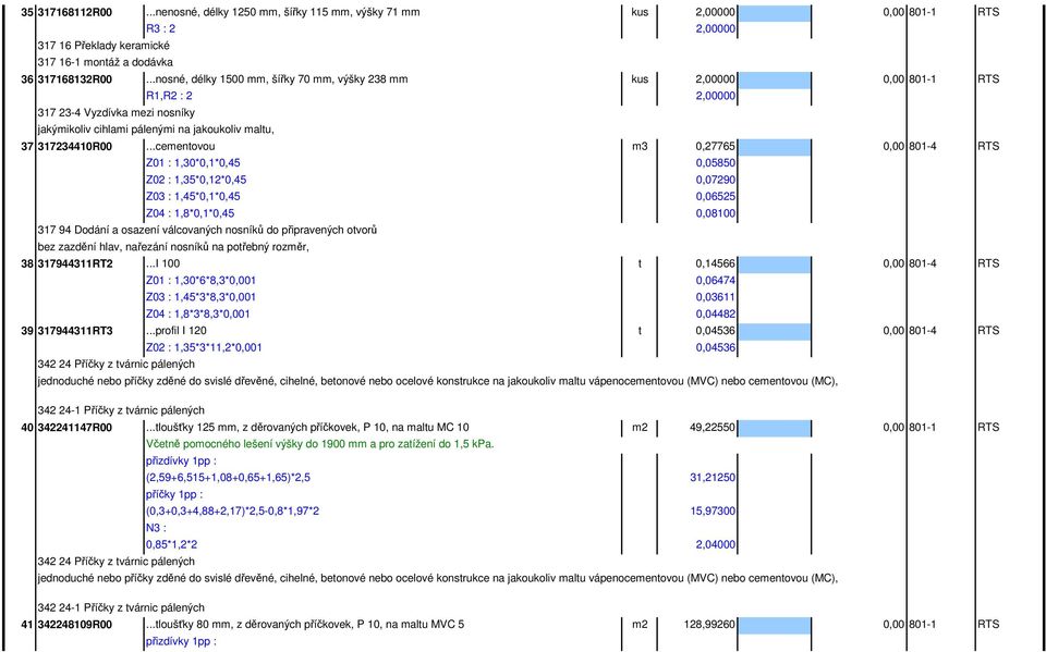 ..cementovou m3 0,27765 801-4 RTS Z01 : 1,30*0,1*0,45 0,05850 Z02 : 1,35*0,12*0,45 0,07290 Z03 : 1,45*0,1*0,45 0,06525 Z04 : 1,8*0,1*0,45 0,08100 317 94 Dodání a osazení válcovaných nosníků do