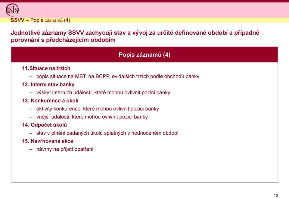 Interní stav banky výskyt interních událostí, které mohou ovlivnit pozici banky 13.