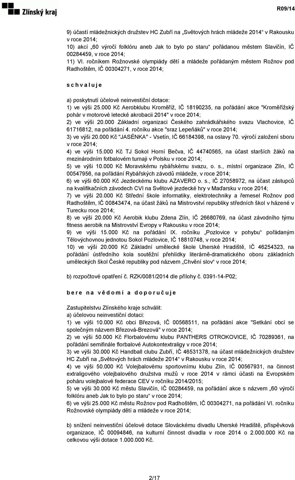 000 Kč Aerobklubu Kroměříž, IČ 18190235, na pořádání akce "Kroměřížský pohár v motorové letecké akrobacii 2014" v roce 2014; 2) ve výši 20.