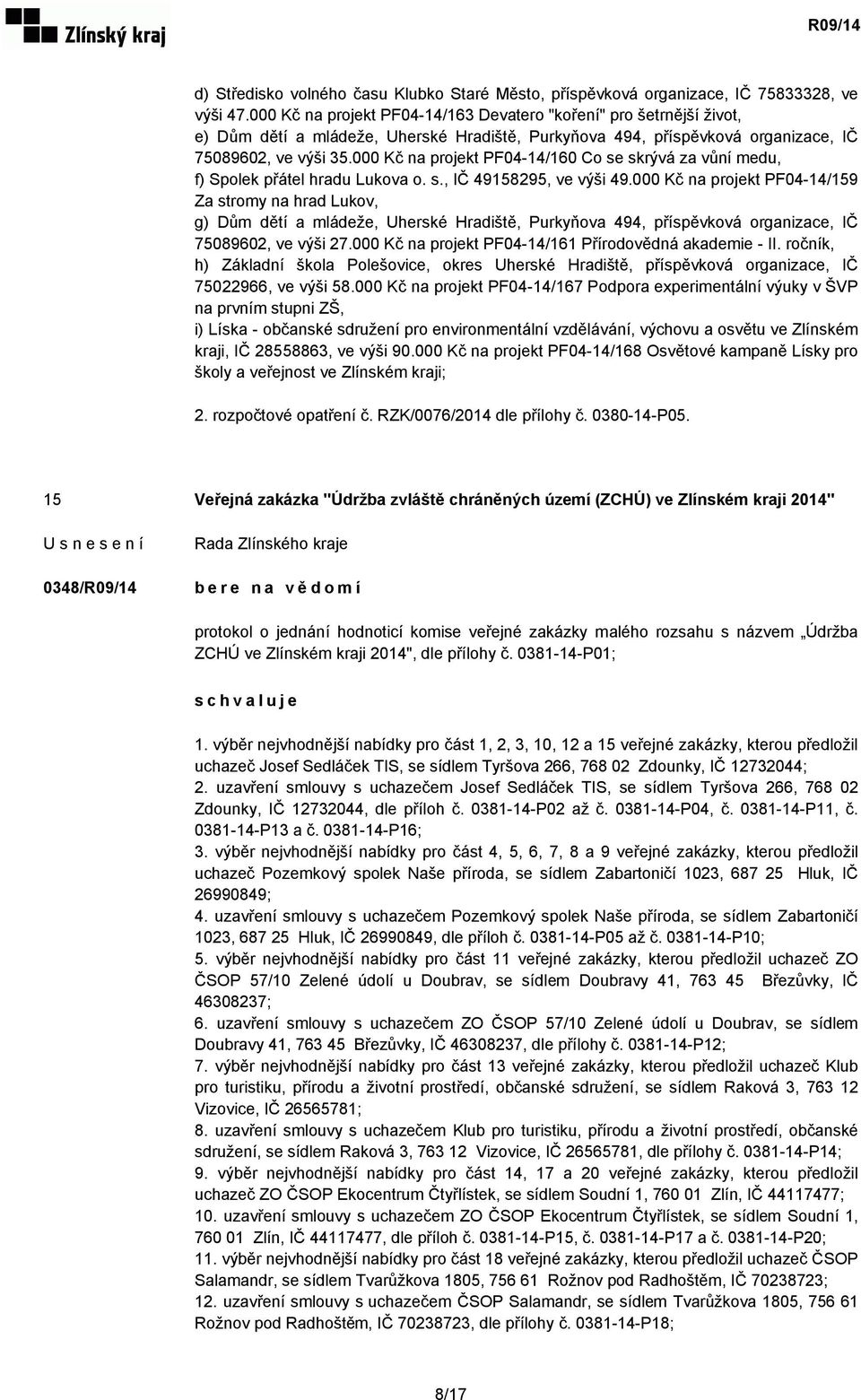 000 Kč na projekt PF04-14/160 Co se skrývá za vůní medu, f) Spolek přátel hradu Lukova o. s., IČ 49158295, ve výši 49.