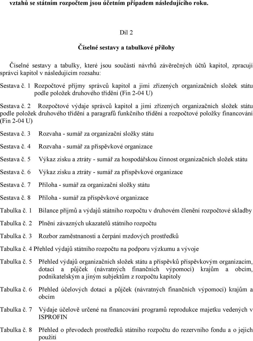 1 Rozpočtové příjmy správců kapitol a jimi zřízených organizačních složek státu podle položek druhového třídění (Fin 2-04 U) Sestava č.