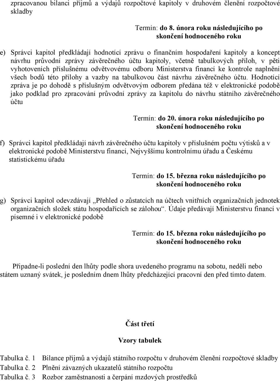 včetně tabulkových příloh, v pěti vyhotoveních příslušnému odvětvovému odboru Ministerstva financí ke kontrole naplnění všech bodů této přílohy a vazby na tabulkovou část návrhu závěrečného účtu.