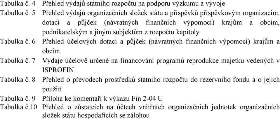 kapitoly Tabulka č. 6 Přehled účelových dotací a půjček (návratných finančních výpomocí) krajům a obcím Tabulka č.